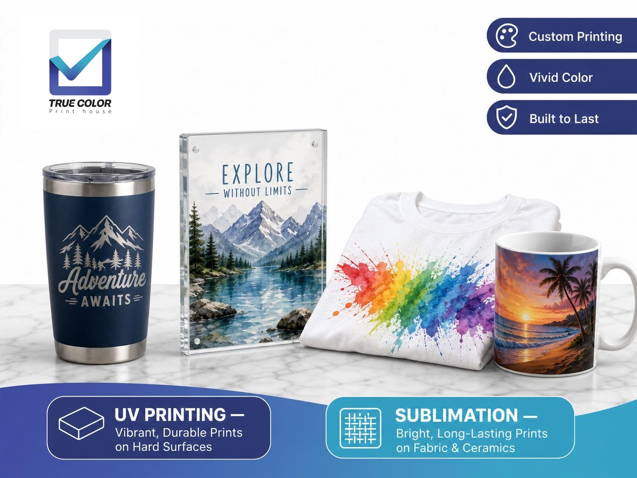 What we do — UV printing on rigid items and sublimation printing on fabric and ceramics.